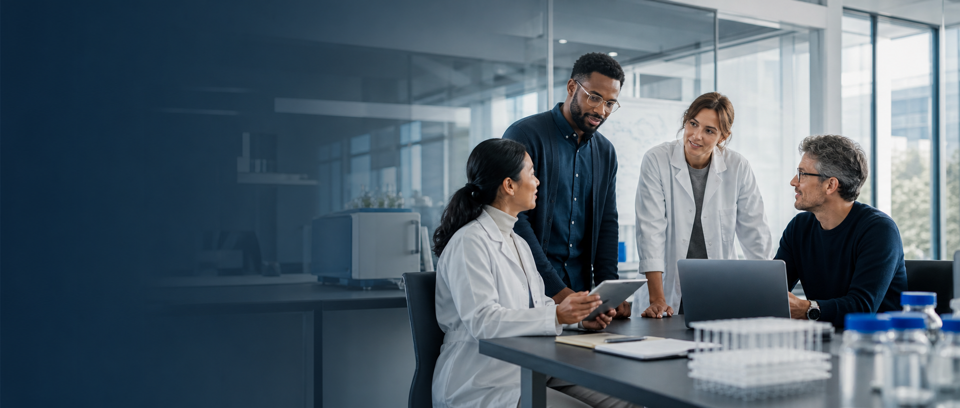 Pharmaceutical professionals collaborating in a modern research workplace